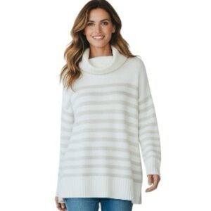 LOFT Ivory and Gold Striped Knit Sweater